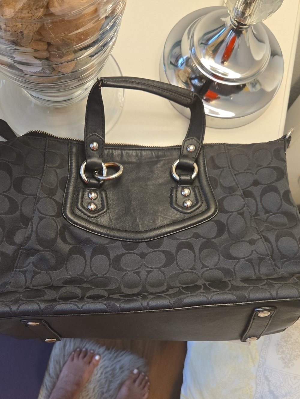 Coach Black Signature Jacquard Fabric And Shoulder Bag with Silver Hardware - Picture 6 of 8